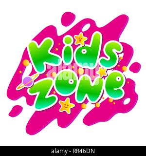 Kids Zone Vektor cartoon Logo. Bunte blase Briefe für Kinder Spielzimmer eingerichtet. Inschrift auf Hintergrund isoliert Stock Vektor