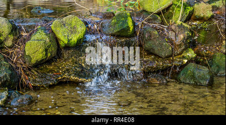 Kleine Bucht in der Nähe mit einem kleinen Wasserfall, Natur, Landschaft, Wasser Frühling in den Bergen Stockfoto