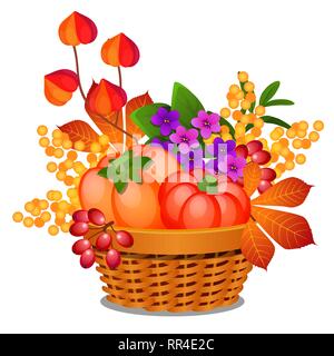 Zusammensetzung in Form von einem Weidenkorb mit reifen Gemüse gefüllt, Früchte der Physalis oder Winter Kirsche und Blätter im Herbst isoliert auf weißem Stock Vektor