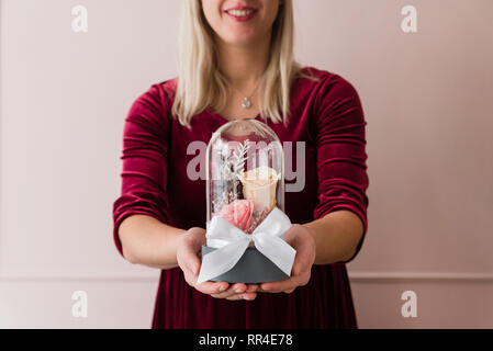 Womans Hände halten lang anhaltende Rosen in einer Glaskuppel. Stockfoto