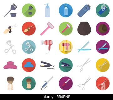 Kunst, Pinsel, Cartoon, flach, Sammlung, Färbung, Kamm, Schneiden, Design, Trockner, elektrische Ausrüstung, Haar, Haarschnitt, Friseur, Icon, Illustration, Bügeleisen, isoliert, Logo, Lotion, Master, Beruf, Rasierer, Safe, Salon, Service, Set, Rasieren, Scheren, Zeichen, gerade, Haarglätter, Symbol, Werkzeug, Trimmer, Vektor-, Web-, Vektor, Vektoren, Stock Vektor