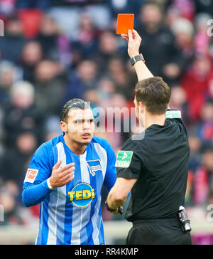 München, Deutschland. 23. Februar, 2019. Schiedsrichter Harm OSMERS zeigt rote Karte zu Karim REKIK, Hertha 4 Rote Karte der FC BAYERN MÜNCHEN - Hertha BSC Berlin - DFL-Bestimmungen verbieten die Verwendung von Fotografien als BILDSEQUENZEN und/oder quasi-VIDEO - 1. Deutsche Fussball Liga, München, 23. Februar 2019 Saison 2018/2019, Spieltag 24, FCB, München, © Peter Schatz/Alamy leben Nachrichten Stockfoto