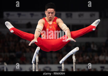 Melbourne, Australien. 24 Feb, 2019. Sie Chinas Hao konkurriert, während parallel Bars final World Cup Gymnastik in Melbourne, Australien, am 24.02.2019. Sie Hao gewann die Goldmedaille mit einem Ergebnis von 15.066. Credit: Bai Xue/Xinhua/Alamy leben Nachrichten Stockfoto