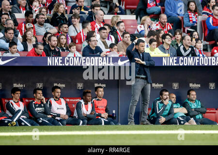 Wanda Metropolitano, Madrid, Spanien. 24 Feb, 2019. Liga Fußball, Atletico Madrid gegen Villareal; Javier Calleja Trainer von Villerreal CF Uhren spielen aus dem technischen Bereich Kredit: Aktion plus Sport/Alamy leben Nachrichten Stockfoto