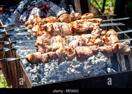 Gegrillte appetitlich Kebab kochen auf Metall Spieße. Schaschlik aus Würfeln von Fleisch beim Kochen auf dem mangal über glühende Holzkohlen im Freien, Straße Stockfoto