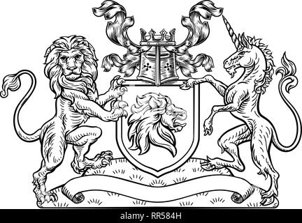 Lion Einhorn Crest heraldischen Schild Wappen Stock Vektor