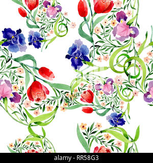 Iris und Tulpen ornament floral botanischen Blume. Aquarell Hintergrund Abbildung. Nahtlose Muster. Stockfoto