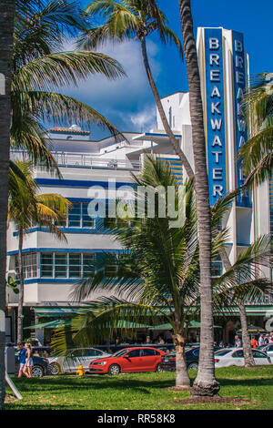 MIAMI SOUTH BEACH FLORIDA, USA - 23. FEBRUAR 2019: Hotel am Ocean Drive in Miami Beach, Florida. Der Art déco-Architektur in South Beach ist einer der Stockfoto