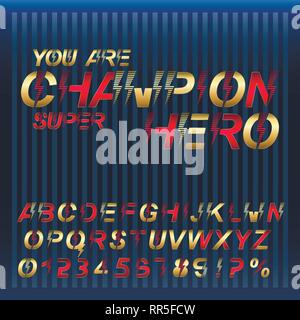 Meister Super Hero schrift Alphabet. Gold und Rot Metallic Buchstaben und Zahlen. Stock Vektor
