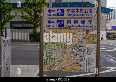 Touristische Informationen mit road map in Tokio, Japan. Stockfoto