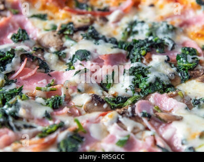 Pizza mit Schinken, Spinat und Pilze Stockfoto