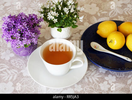 Tasse Tee mit Zitrone, auf einem modernen gemütlichen Tisch mit Blumen im Topf Stockfoto