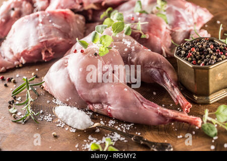 Portioniert Kaninchen Beine und Sattel mit Kräutern und Gewürzen auf butcher Board. Stockfoto