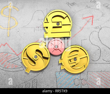 Zahnräder mit Golden Dollar, Pfund und Euro Symbol, auf doodles Wand Hintergrund, Ansicht von oben. Stockfoto