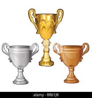 Einstellen der goldenen, silbernen und bronzenen Cups auf weißem Hintergrund. Vektor cartoon Close-up Abbildung. Stock Vektor