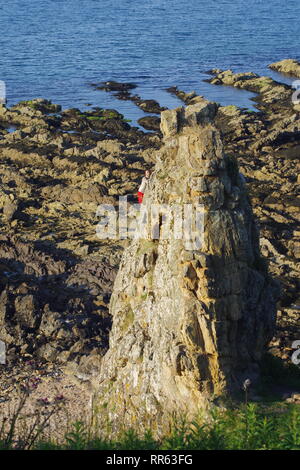 Kletterer Klettern Dirnen Rock, Sandstein Meer Stack in der Nähe von St. Andrew's, an einem schönen Sommer Nacht. Fife, Schottland, Großbritannien. Stockfoto