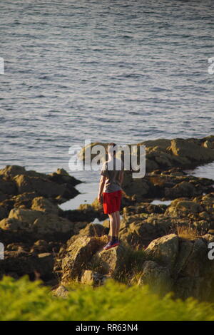 Kletterer Klettern Dirnen Rock, Sandstein Meer Stack in der Nähe von St. Andrew's, an einem schönen Sommer Nacht. Fife, Schottland, Großbritannien. Stockfoto