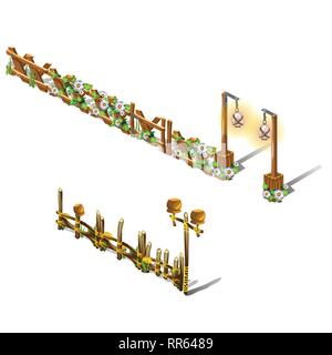 Eine Reihe von Fragmenten von einem Holzzaun mit frischen Blumen auf weißem Hintergrund eingerichtet. Vektor cartoon Close-up Abbildung. Stock Vektor