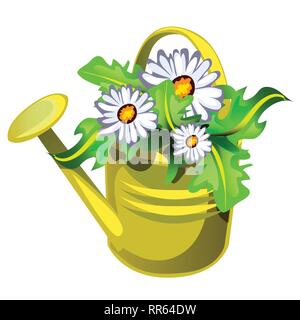 Blumentopf in Form einer Gießkanne Farbe gelb mit Blumen Gänseblümchen auf weißem Hintergrund. Vektor cartoon Close-up Abbildung. Stock Vektor