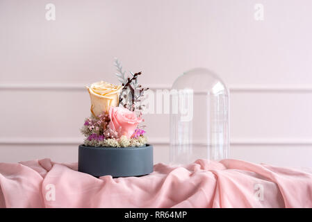 Langlebige Rosen in einer Glaskuppel. Stockfoto