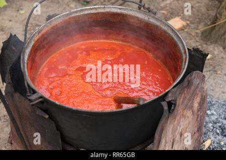 Die Tomatensauce, die altmodische Weise in einen großen Topf. Stockfoto