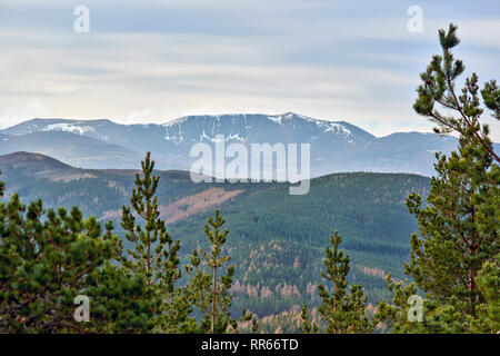 ABERDEENSHIRE CRAIGENDARROCH SPAZIERGANG BALLATER SCHOTTLAND BLICK IN DEN CORRIES SCHNEE LOCHNAGAR VON DER SPITZE DES hügels ABGEDECKT Stockfoto