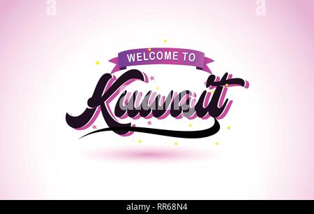 Kuwait Willkommen bei kreativen Text handgeschriebene Schrift mit Lila Rosa Farben Design Vector Illustration. Stock Vektor