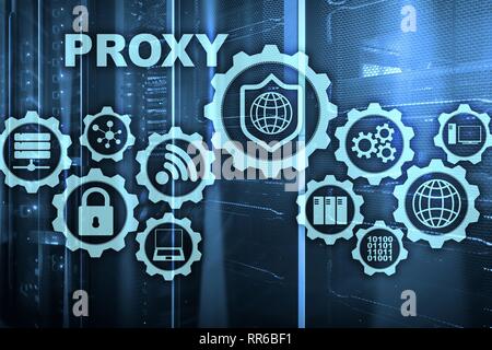 Proxy Server. Cyber Security. Konzept der Netzwerksicherheit auf virtuellen Bildschirm. Serverraum Hintergrund. Stockfoto