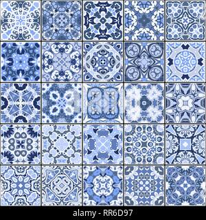 Eine Sammlung von Keramikfliesen in blauen Farben. Eine Reihe von quadratischen Muster im orientalischen Stil. Vector Illustration. Stock Vektor