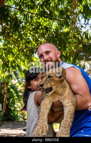 Kaukasische Mann und Latin girl Holding baby Löwe in der Guatemaltekischen zoo Stockfoto