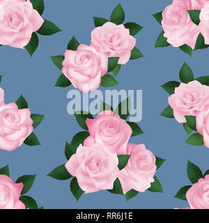Zart rosa Blüten auf blauem Hintergrund. Nahtlose Muster mit Rosen. Vector Illustration. Stock Vektor