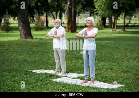 Gerne älteres Paar üben Meditation sukhasana stehend wirft mit gefalteten Händen Stockfoto