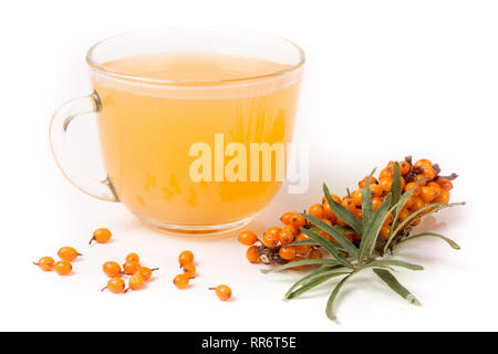 Sanddorn Tee mit einem Zweig auf weißem Hintergrund Stockfoto