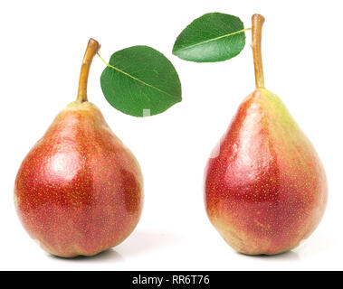 Zwei rote Birnen mit Blatt auf weißem Hintergrund Stockfoto