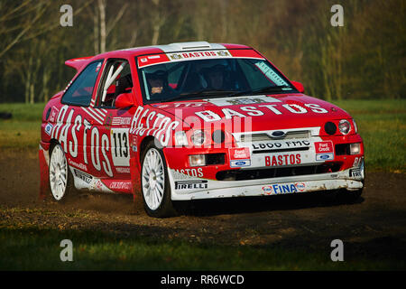 Stoneleigh Park, Coventry, Großbritannien. 24. Februar 2019. Bastos Ford Escort World Rally Championship Auto während des Rennens Retro in Stoneleigh Park. Foto: Gergo Toth/Alamy leben Nachrichten Stockfoto