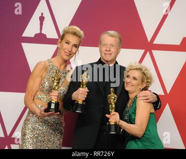 Los Angeles, CA, USA. 24 Feb, 2019. Kate Biscoe, Greg Cannom, Patricia Dehaney in der Presse Raum für die 91St Academy Awards - Presseraum, die Dolby Theater in Hollywood und Highland Center, Los Angeles, CA, 24. Februar 2019. Credit: Elizabeth Goodenough/Everett Collection/Alamy leben Nachrichten Stockfoto