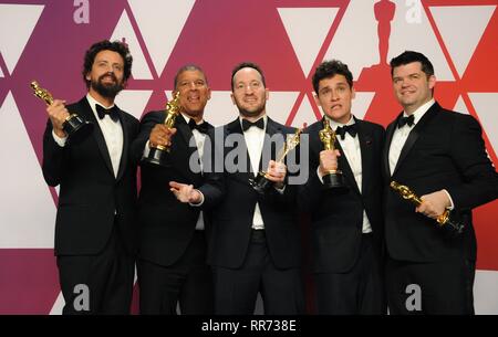 Los Angeles, CA, USA. 24 Feb, 2019. Bob Persichetti, Peter Ramsey, Rodney Rothman, Phil Lord, Christopher Miller in der Presse Raum für die 91St Academy Awards - Presseraum, die Dolby Theater in Hollywood und Highland Center, Los Angeles, CA, 24. Februar 2019. Credit: Elizabeth Goodenough/Everett Collection/Alamy leben Nachrichten Stockfoto