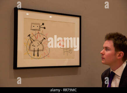 London, UK, 25. Februar 2019 Bonhams photocall: auf Anzeige: Joan Miró (1893-1983) Sans titre Projet pour "Ubu Roi". Bei £ 10.000 geschätzt - 15.000 Der Verkauf findet am 28. Februar um 17:00 Uhr. Credit Keith Larby/Alamy leben Nachrichten Stockfoto