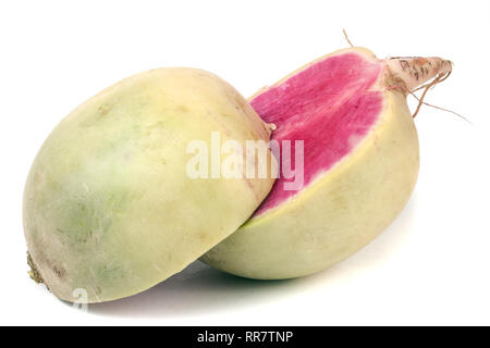 Eine Wassermelone Radieschen in Scheiben geschnitten auf weißem Hintergrund Stockfoto