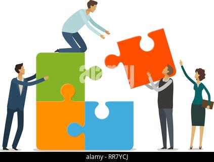 Teamwork Konzept. Geschäftsleute mit Puzzleteile zusammen zu arbeiten. Infografiken Vector Illustration Stock Vektor