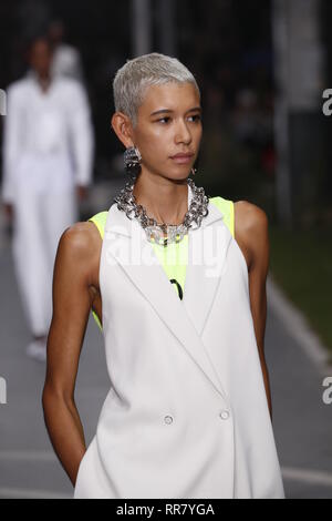 PARIS, Frankreich, 27. SEPTEMBER: Dilone Spaziergänge die Landebahn während der off-white Show als Teil von Paris Fashion Week Womenswear Frühjahr/Sommer 2019. Stockfoto
