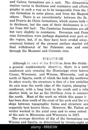 . Studium der Naturgeschichte. Natural History; Natural History. EROSIONAL Geschichte der DRIFTLESS BEREICH 59 Meile. Vier Berechnungen im Bereich nördlich der Arch zeigen einen durchschnittlichen dip Es von N. 35° W. in Richtung und 6,9 m pro Meile in Höhe .. Abb. 11. Kartenskizze der Driftless Bereich und Umgebung übersicht Struktur con-Tours auf der Kontakt zwischen Prairie du Chien und Jordanien Formationen. Strukturelle Höhenlinienintervall ist gleich 100 Fuß. Horizontale Skala 1/500, 000. Konturen sind gebrochen, in denen Kurse mutmaßlich sind.. Bitte beachten Sie, dass diese Bilder aus gescannten Seite Bilder, hav können extrahiert werden Stockfoto