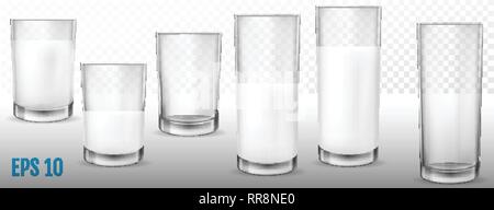 Der Vektor realistische transparentes Glas Gläser leer, halb voll und voll Milch, Milchprodukte, Joghurt, Kefir, Eiweiß-Cocktail. Drucken, Vorlage, Stock Vektor