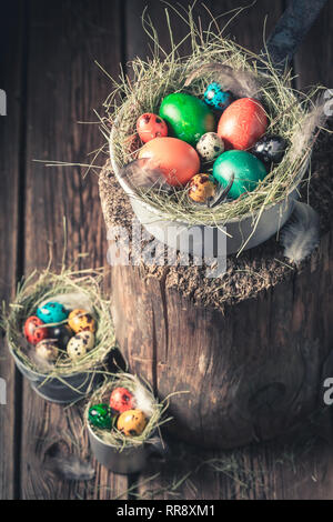 Bunte Eier für das Osterfest auf Heu in Metall Tassen Stockfoto