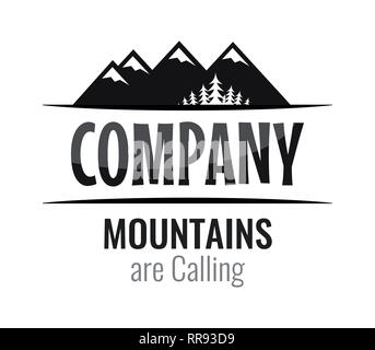 Vektor Abzeichen mit Berge und den Wald. Bildunterschrift Berg ruft und Platz für Name des Unternehmens. Logo für Reisen, Reise, Camping, Unternehmen, Stock Vektor