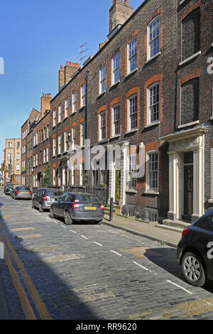 Elder Street in Shoreditch, London, UK. Ein original georgianischen Straße mit Kopfsteinpflaster Oberfläche. Termine aus dem Jahr 1725. Stockfoto