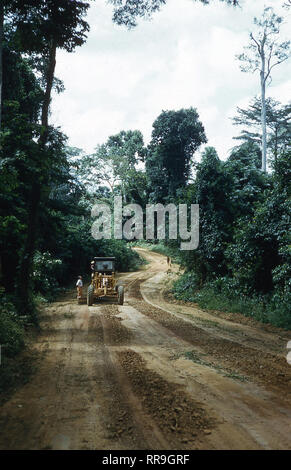 1960er Jahre, Ghana, West Afrika, einem Traktor auf einem neu angelegten Sandstrand bedeckt Clearing in der ghanaischen Wald. Diese wurden gemacht, um die schweren Fahrzeuge und Lkw auf das Holz aus den Wäldern, die sehr stark in dieser Ära angemeldet zu entfernen, um zu ermöglichen, die zu getrennt, Entwaldung und so eventaully bedrohen Wildtiere, die Ökosysteme und den Wetterbedingungen. Stockfoto