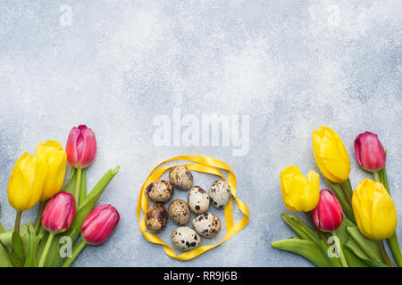 Helle Blumen Tulpen und Wachteleier auf Stein Hintergrund. Frühling und Ostern Urlaub Konzept mit kopieren. Stockfoto