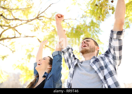 Paar Erfolge feiern Anheben der Arme in einem Park mit Bäumen im Hintergrund begeistert Stockfoto