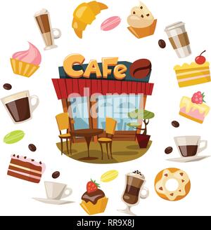Nfographic Café und Kaffee und Süßigkeiten mit Essen und Trinken. Stock Vektor